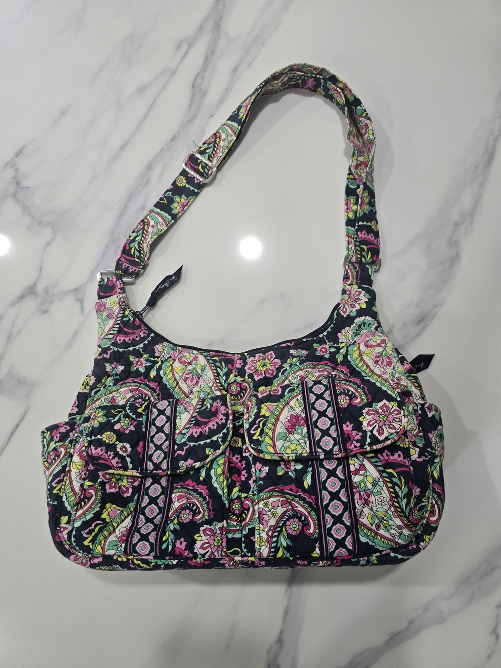 Vera Bradley Quilted Paisley Shoulder Bag in Black, Pink and Green
